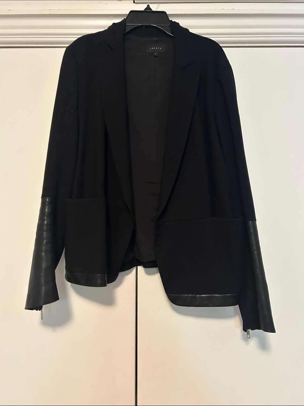 Theory Black Open-Front Blazer with Leather Trim